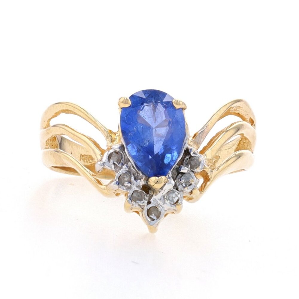 Yellow Gold Sapphire & Diamond Ring - 14k Pear 1.16ctw V Wishbone